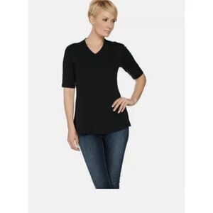 Isaac Mizrahi Live! Womens Small Essentials V-Neck Elbow Sleeve Top Black NWT)